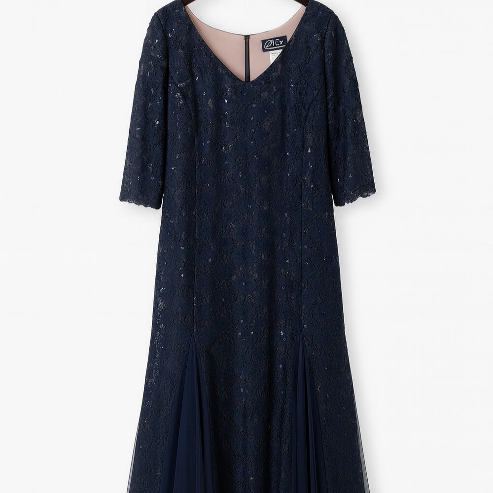 Alex Evenings Navy Lace & Sparkle V-Neck Maxi Dress- Size 22W